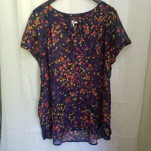 Liz Claiborne Floral Short Sleeve Tie V-Neck Sheer Blouse Top Women's Size 1X
